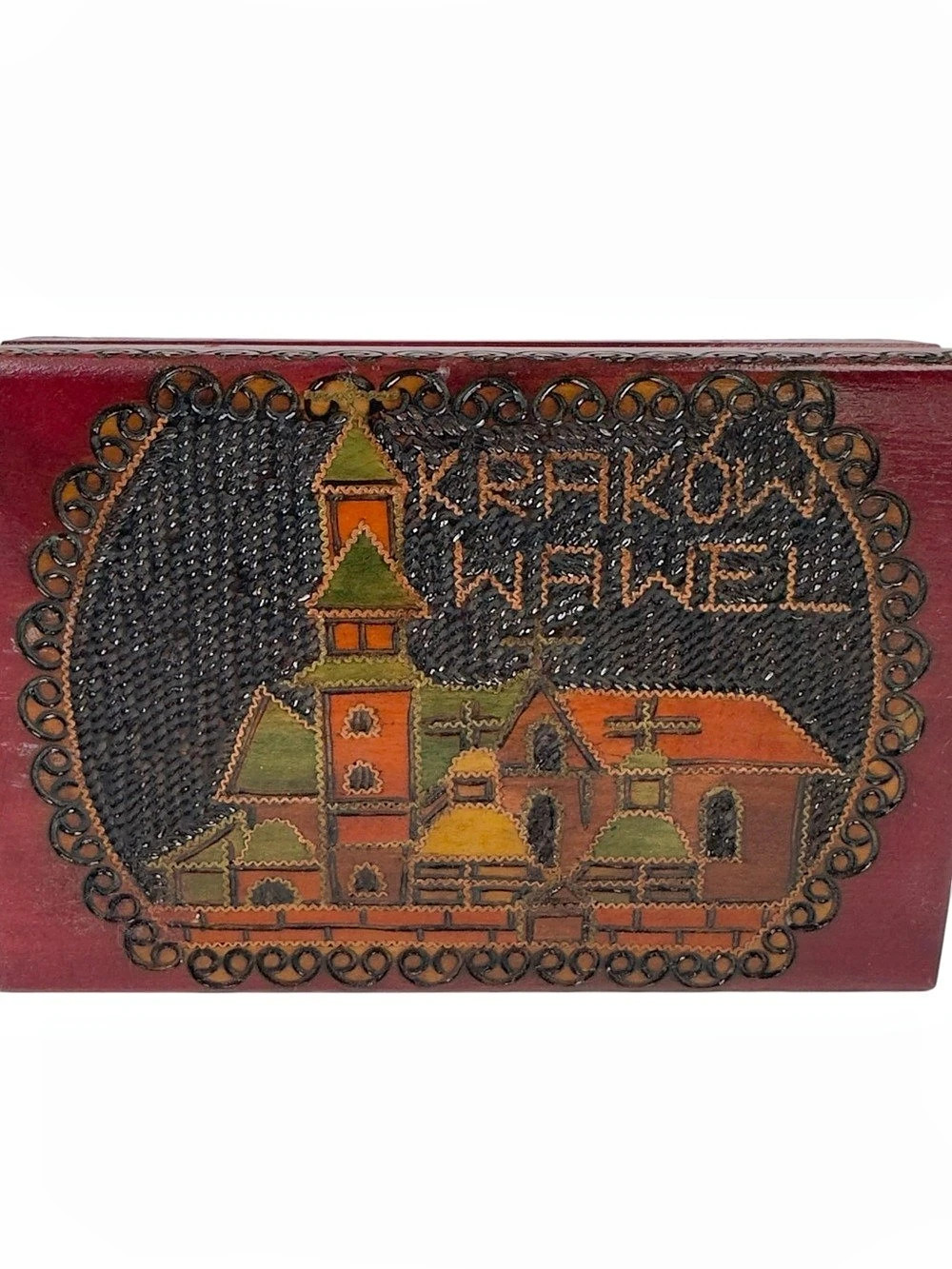Vintage Polish Wood Pyrography Trinket Box Krakow Wawel Poland Folk Art